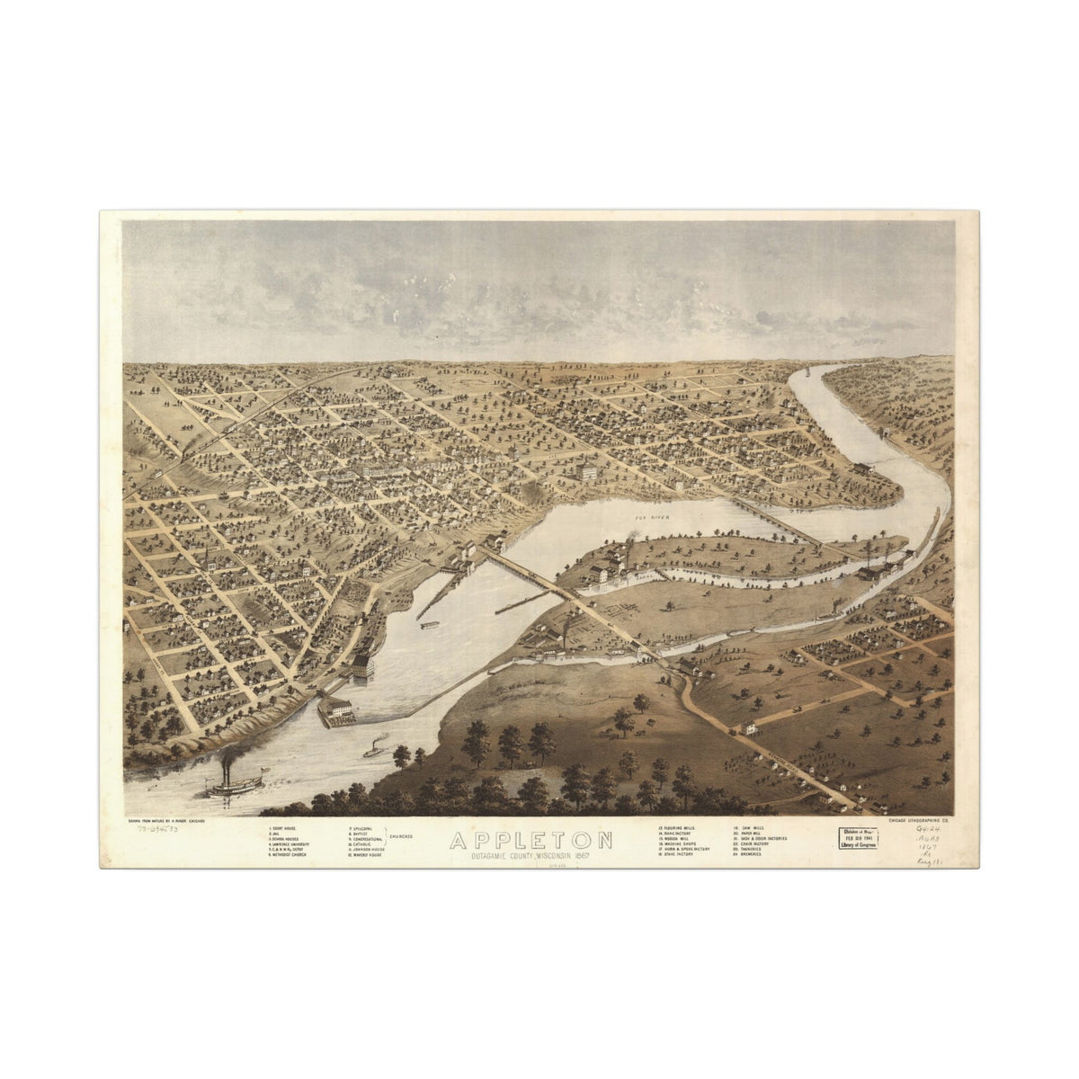 Appleton, Wisconsin 1867 — Bird's-Eye View Map on Canvas
