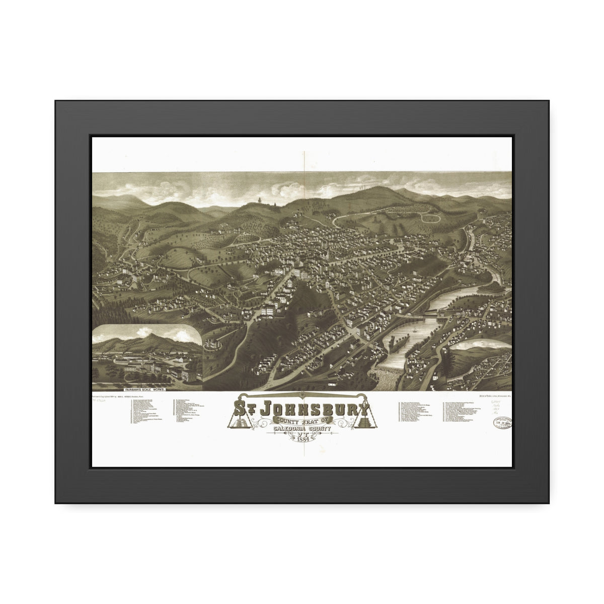 Saint Johnsbury, Vermont 1884 — Framed Bird's-Eye View Map