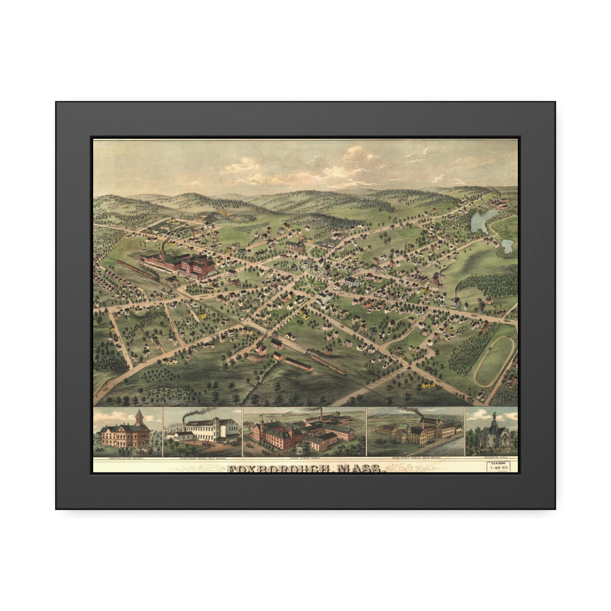 Foxborough, Massachusetts 1879 — Framed Bird's-Eye View Map