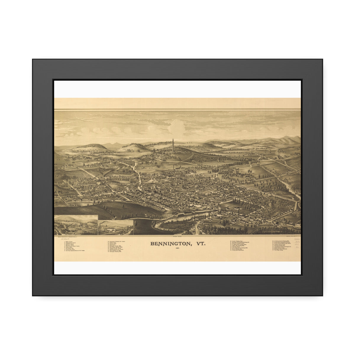 Bennington, Vermont 1887 — Framed Bird's-Eye View Map