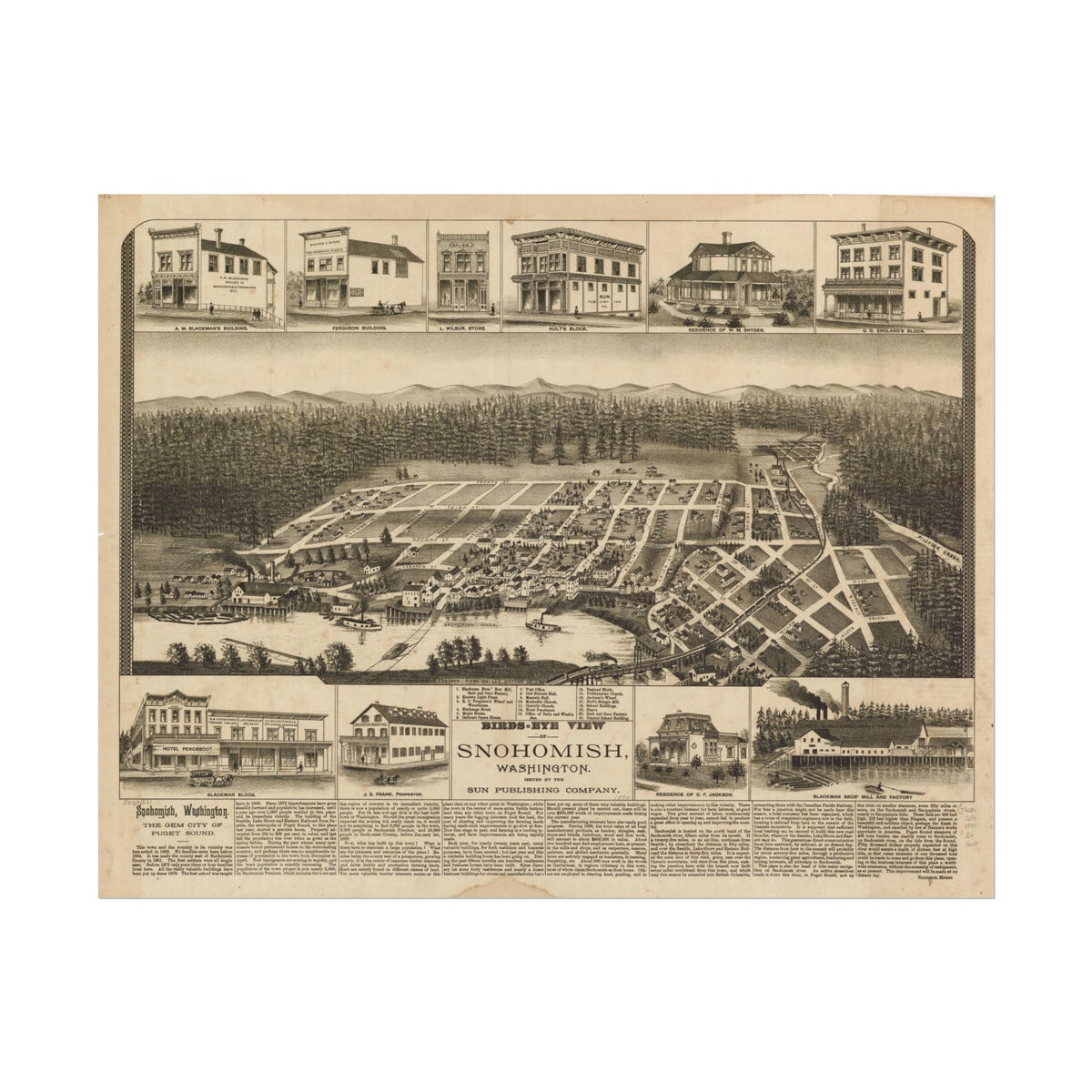 Snohomish, Washington 1890 — Bird's-Eye View Map Print