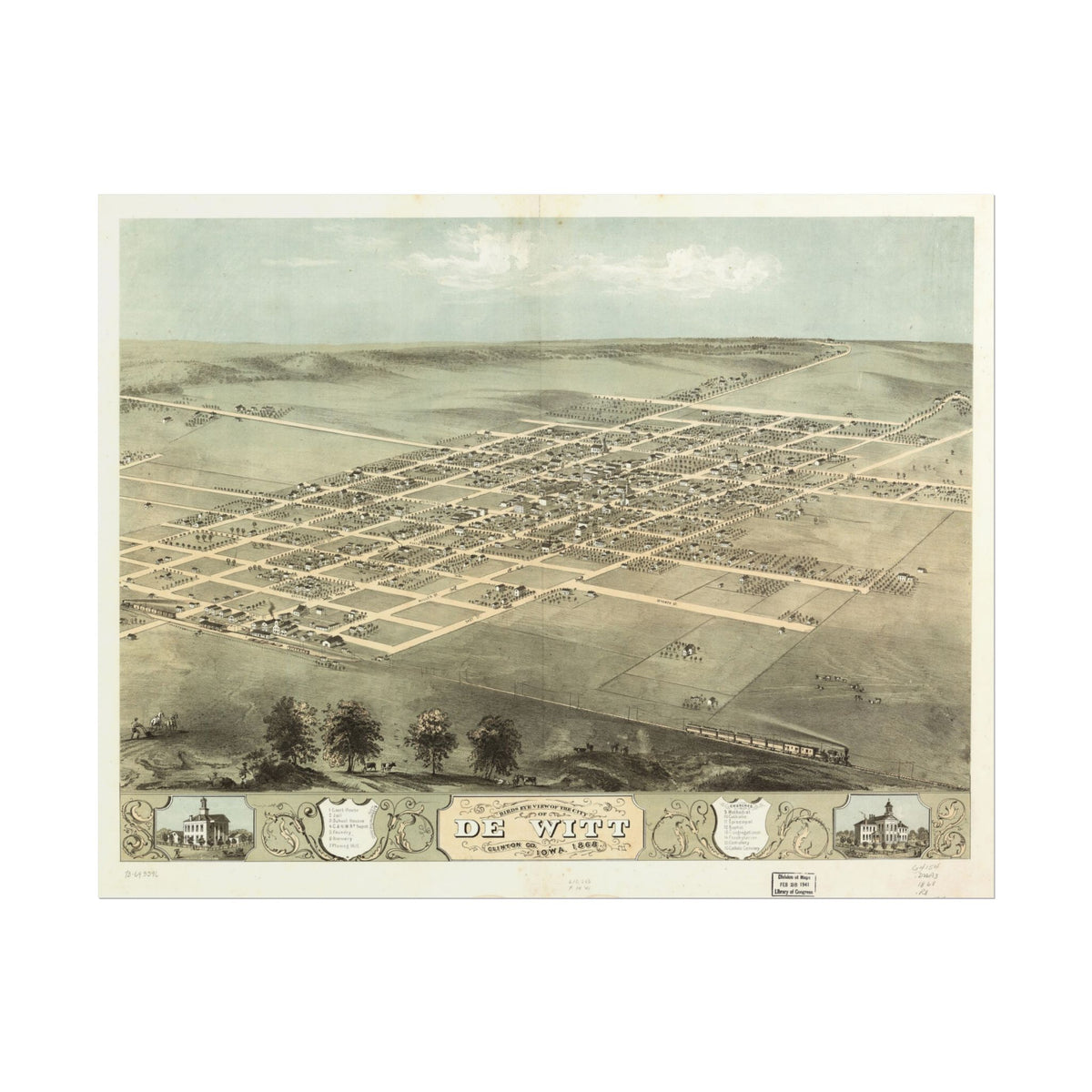 De Witt, Iowa 1868 — Bird's-Eye View Map Print