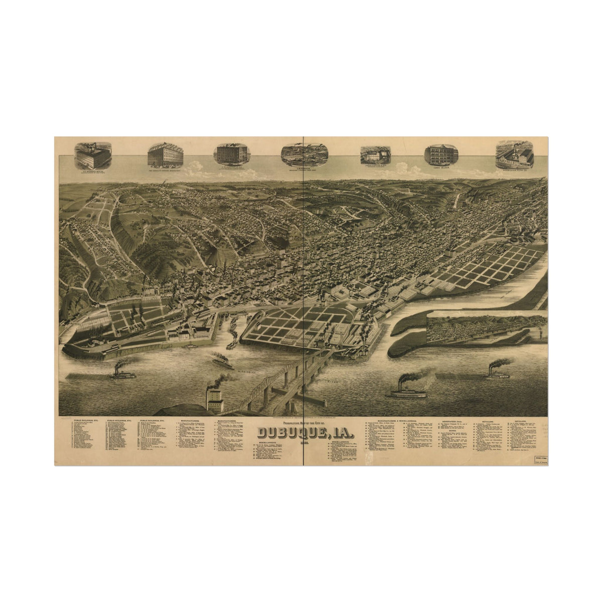 Dubuque, Iowa 1889 — Bird's-Eye View Map Print
