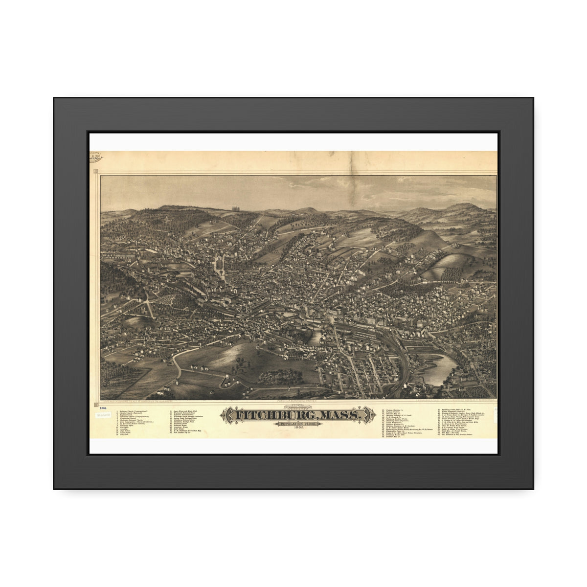 Fitchburg, Massachusetts 1882 — Framed Bird's-Eye View Map