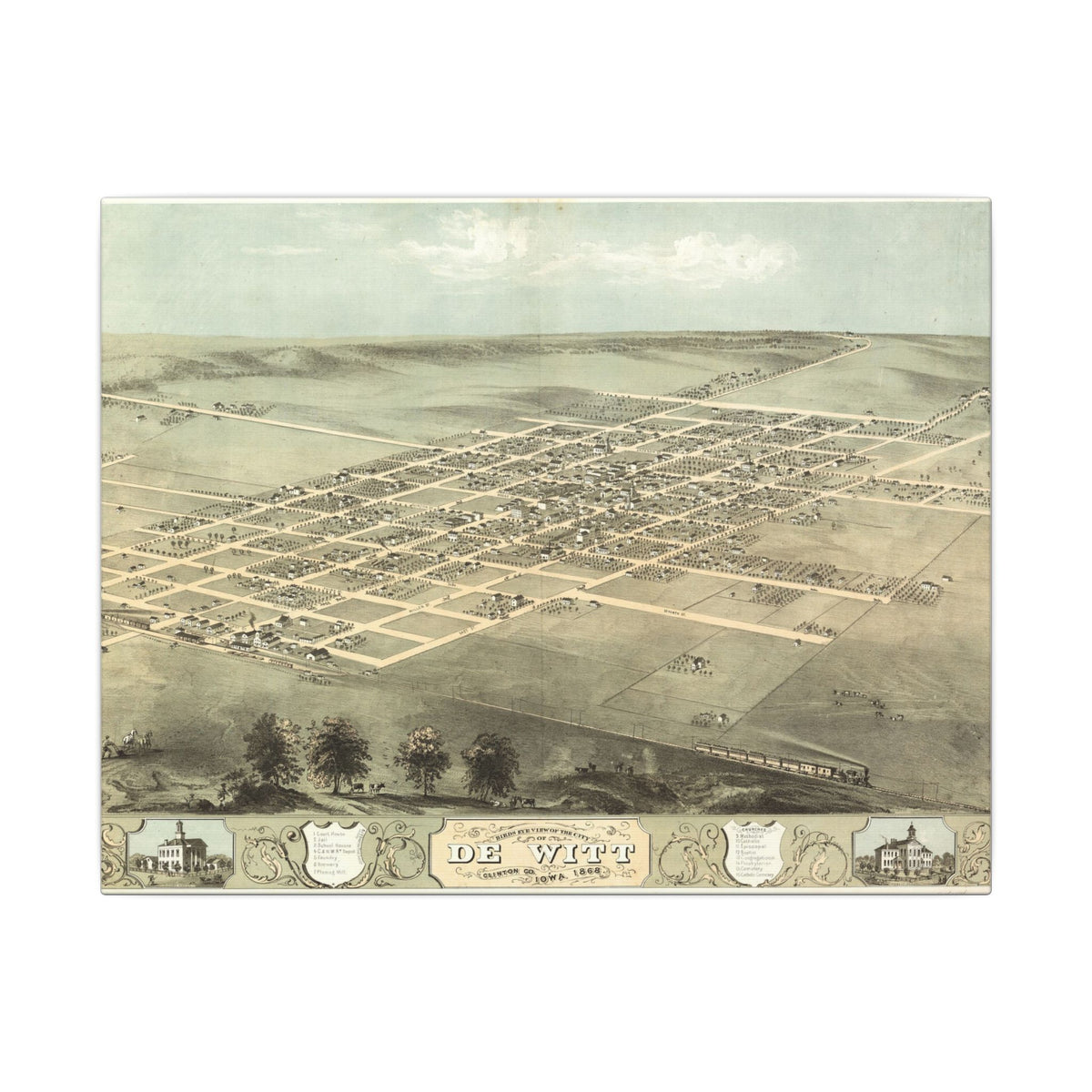 De Witt, Iowa 1868 — Bird's-Eye View Map on Canvas