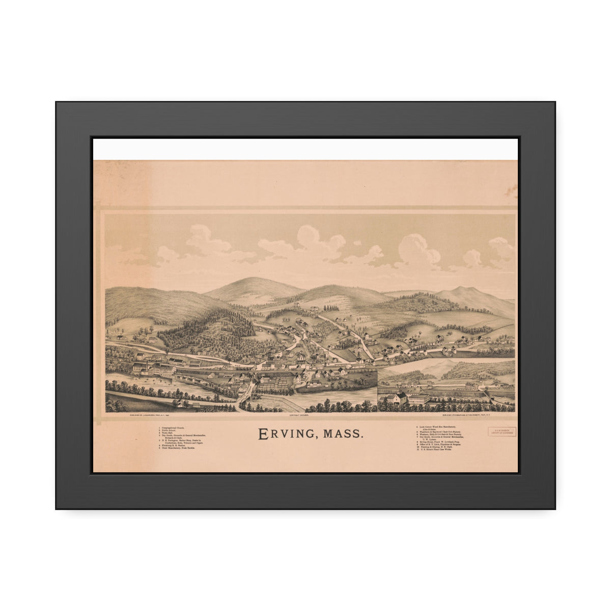 Erving, Massachusetts 1891 — Framed Bird's-Eye View Map