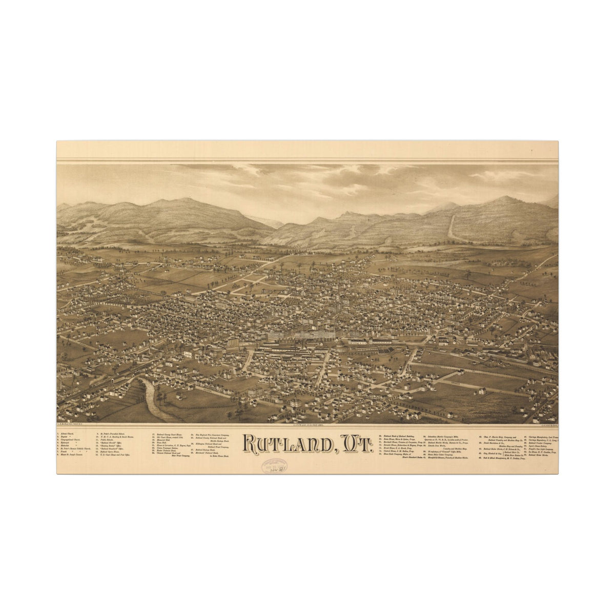 Rutland, Vermont 1885 — Bird's-Eye View Map on Canvas