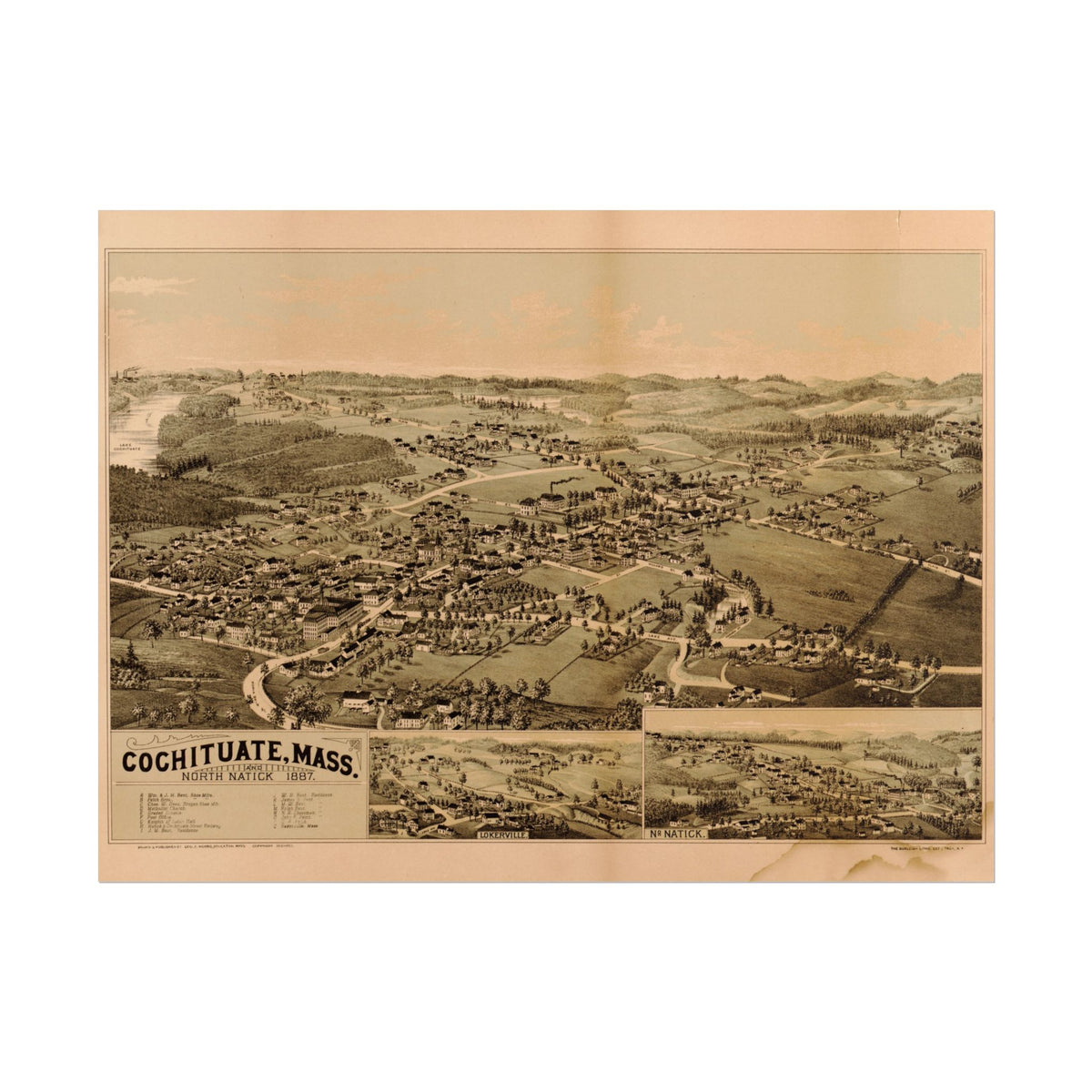 Cochituate, Massachusetts 1887 — Bird's-Eye View Map Print