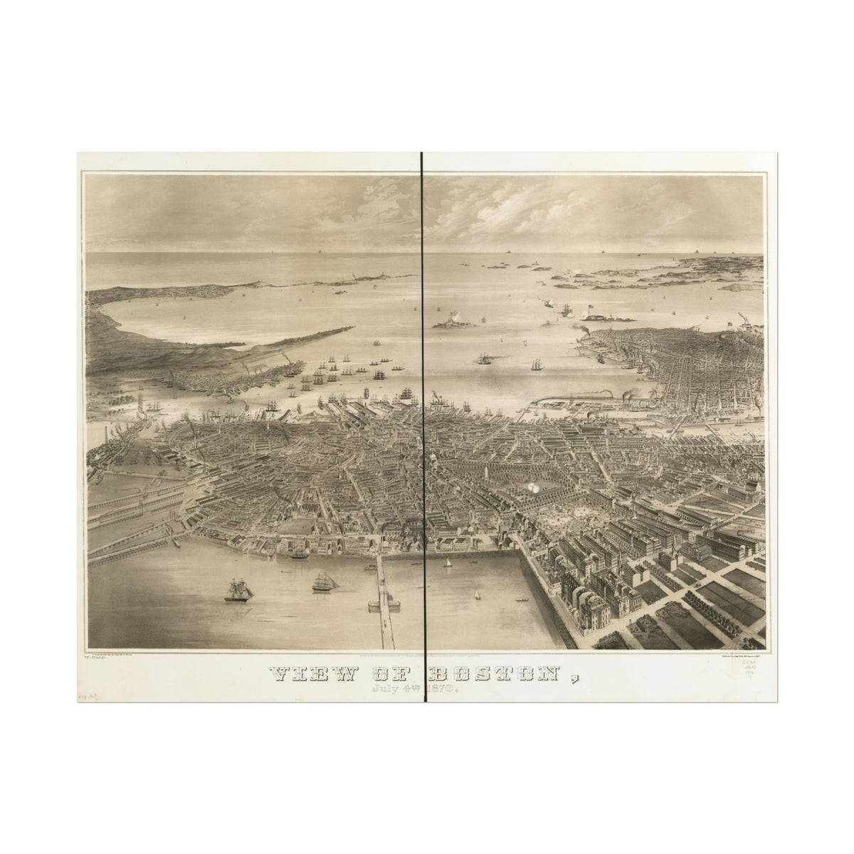 Boston, Massachusetts 1870 — Bird's-Eye View Map Print