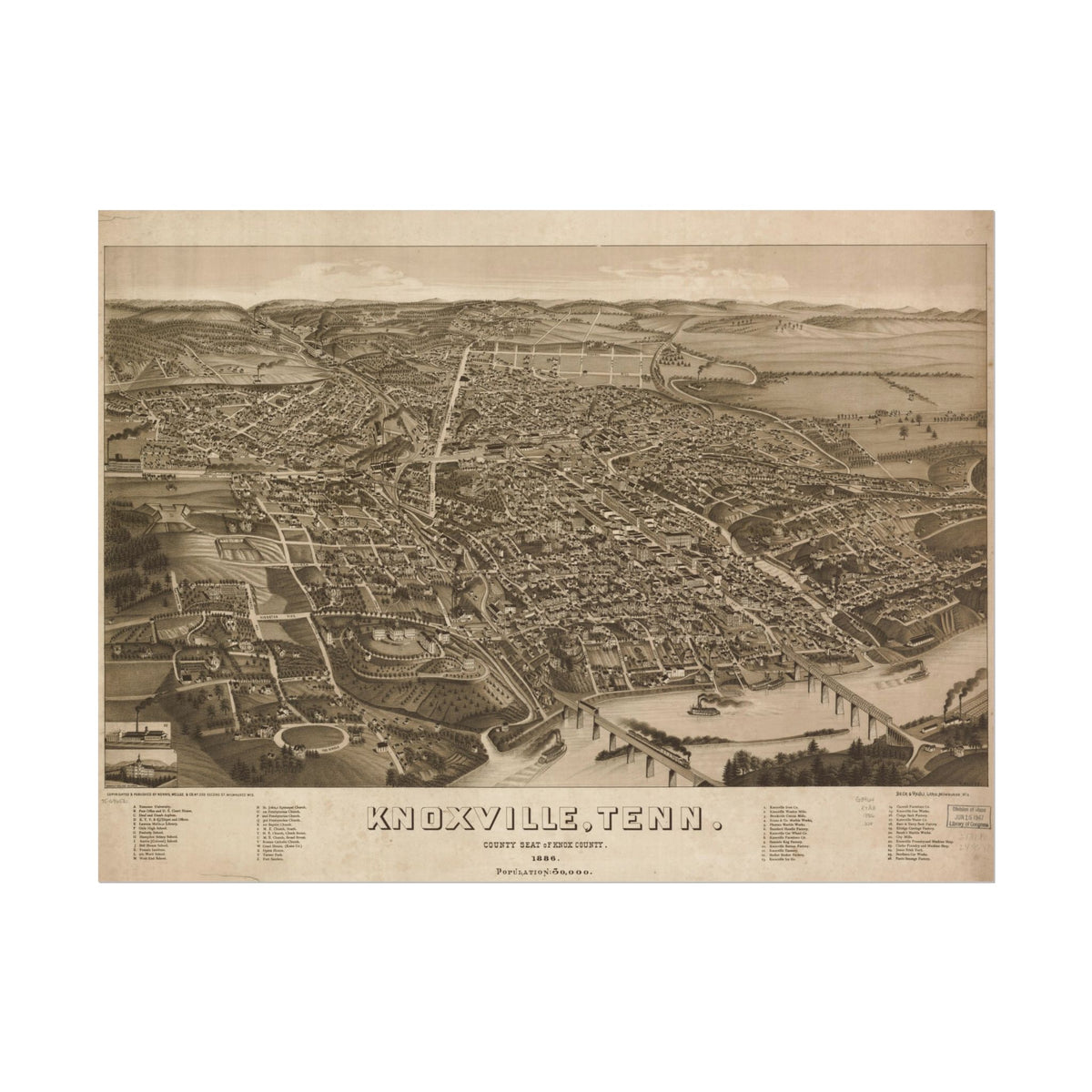 Knoxville, Tennessee 1886 — Bird's-Eye View Map Print