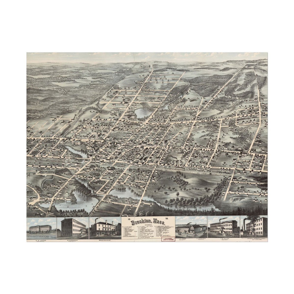 Brockton, Massachusetts 1878 — Bird's-Eye View Map Print