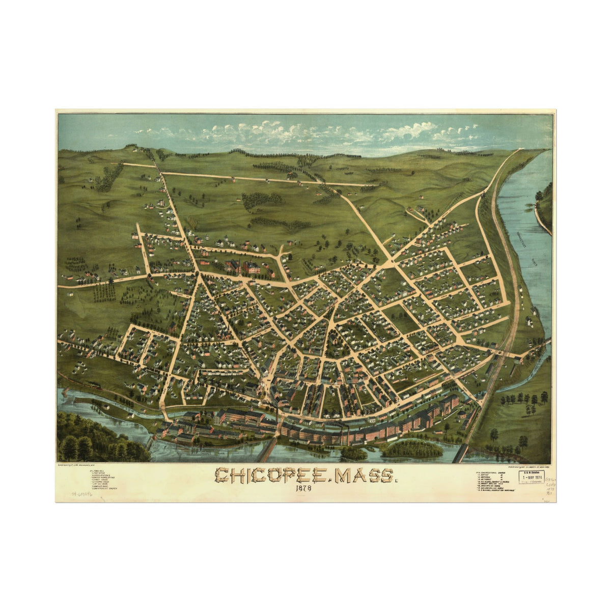 Chicopee, Massachusetts 1878 — Bird's-Eye View Map Print