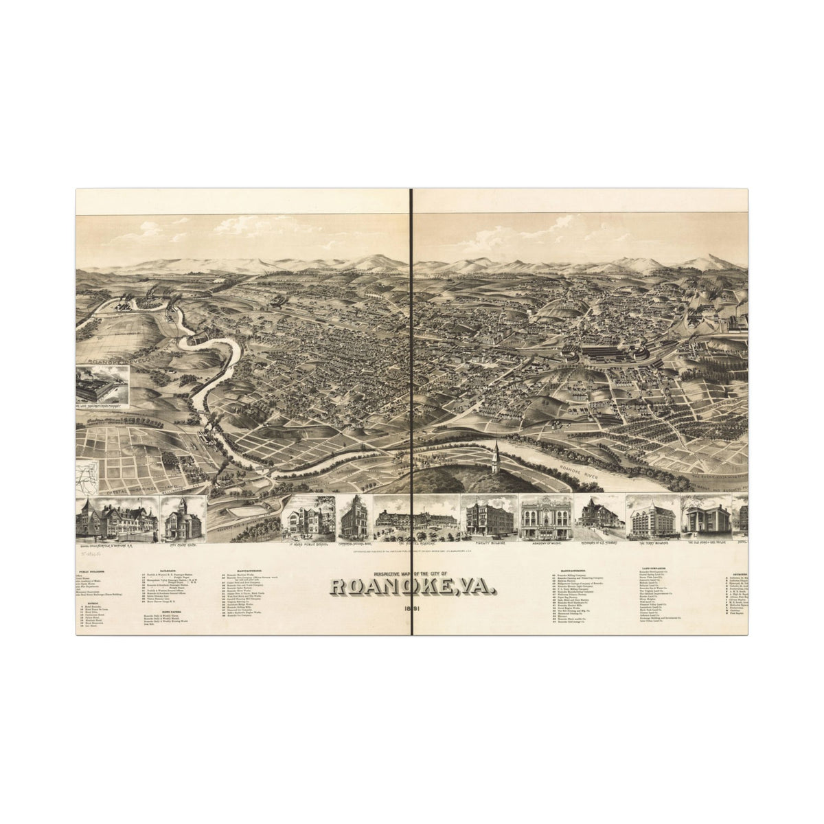 Roanoke, Virginia 1891 — Bird's-Eye View Map on Canvas