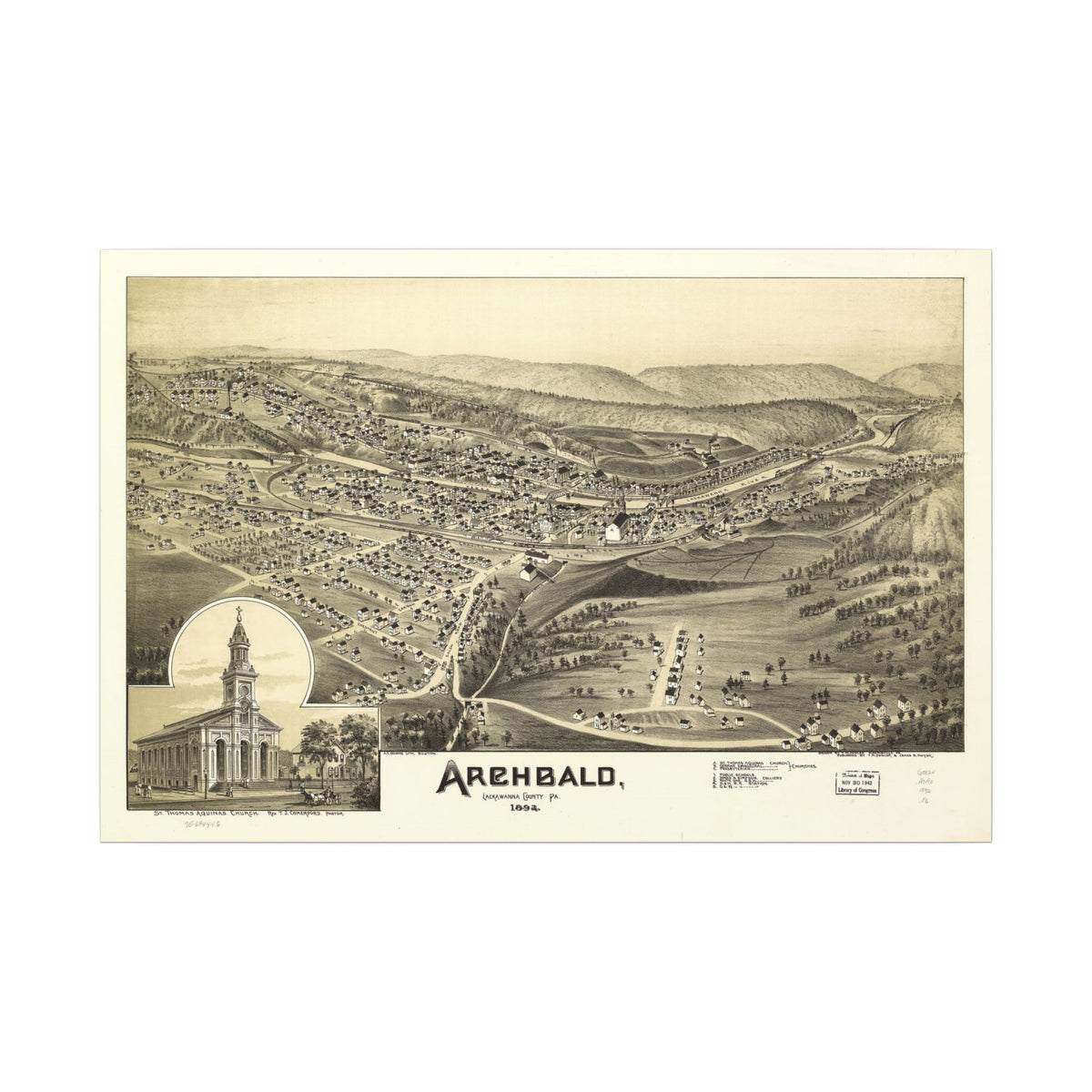 Archbald, Pennsylvania 1892 — Bird's-Eye View Map on Canvas