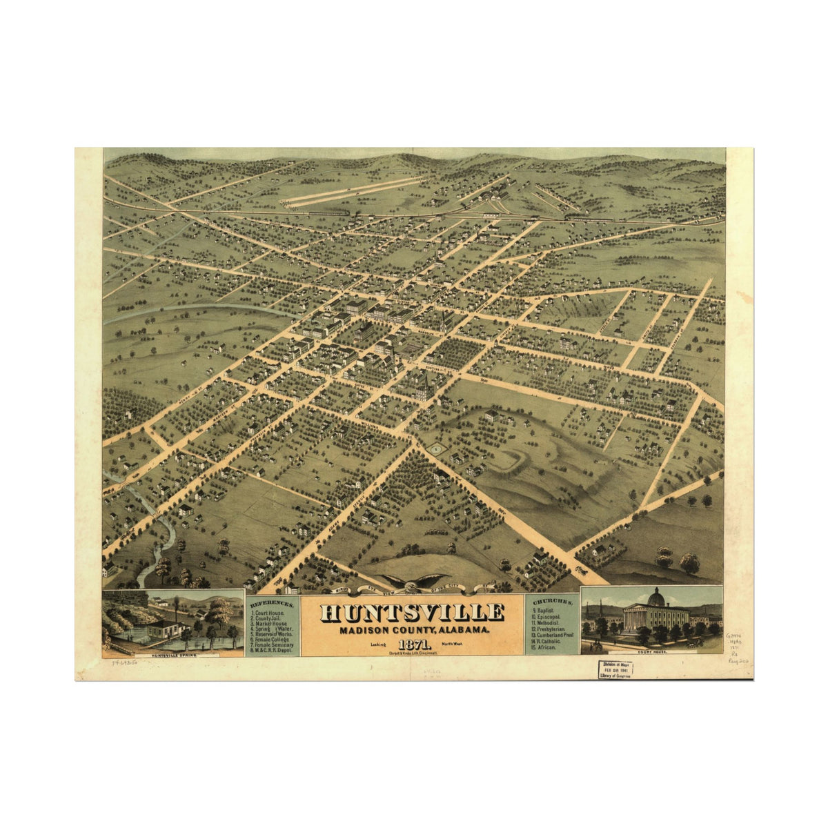 Huntsville, Alabama 1871 — Bird's-Eye View Map Print