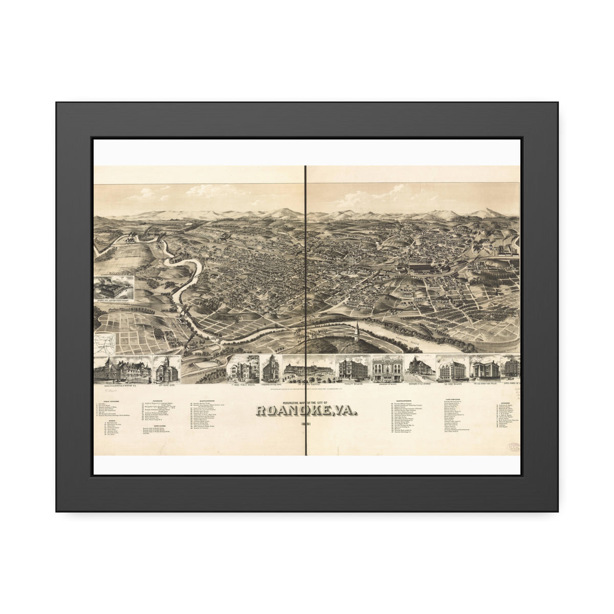 Roanoke, Virginia 1891 — Framed Bird's-Eye View Map