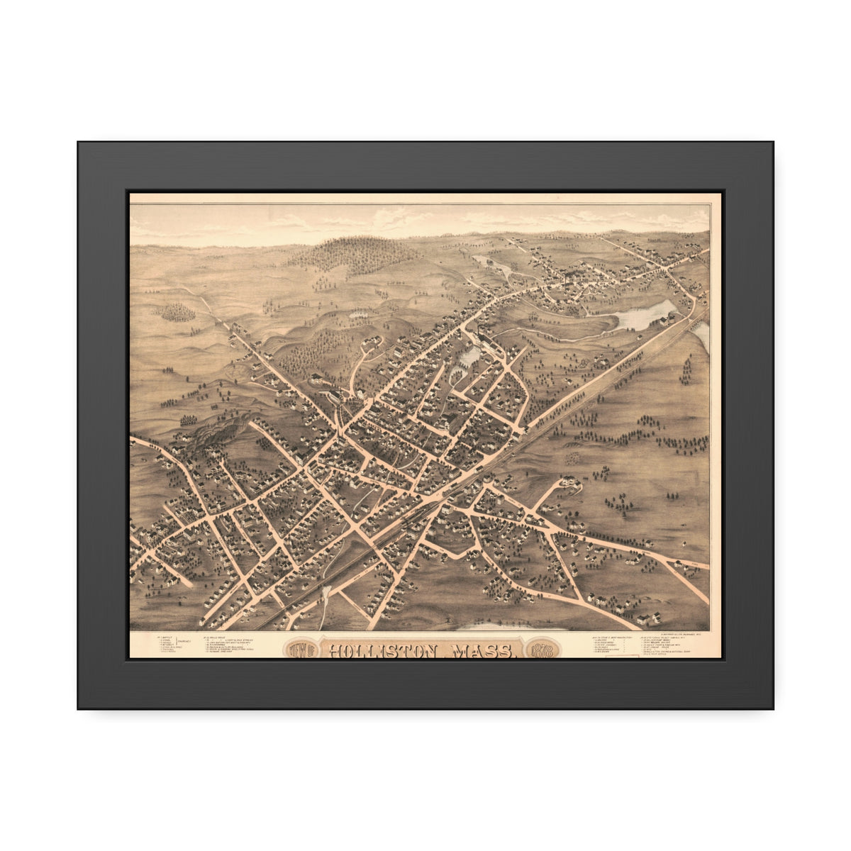 Holliston, Massachusetts 1878 — Framed Bird's-Eye View Map
