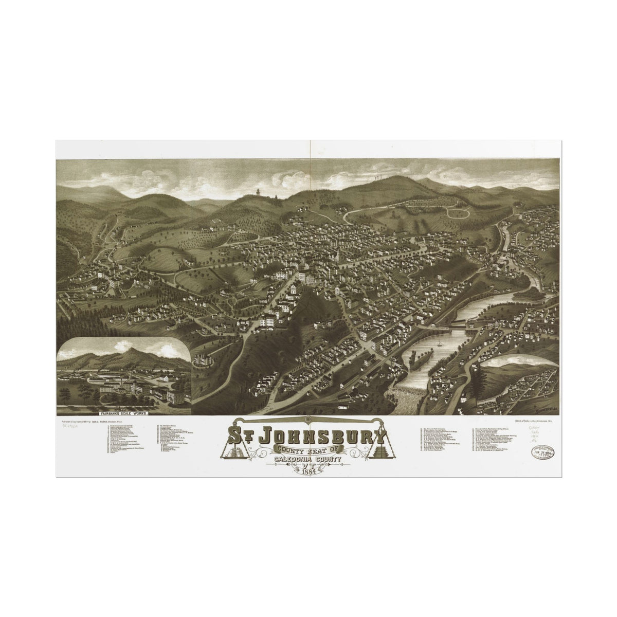 Saint Johnsbury, Vermont 1884 — Bird's-Eye View Map Print