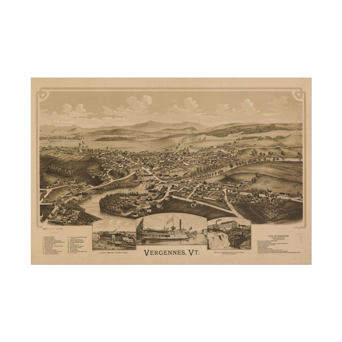 Vergennes, Vermont 1890 — Bird's-Eye View Map Print