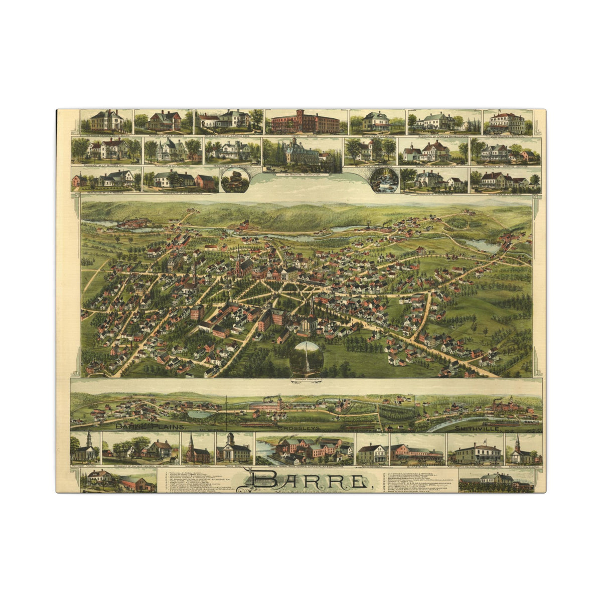 Barre, Massachusetts 1891 — Bird's-Eye View Map on Canvas