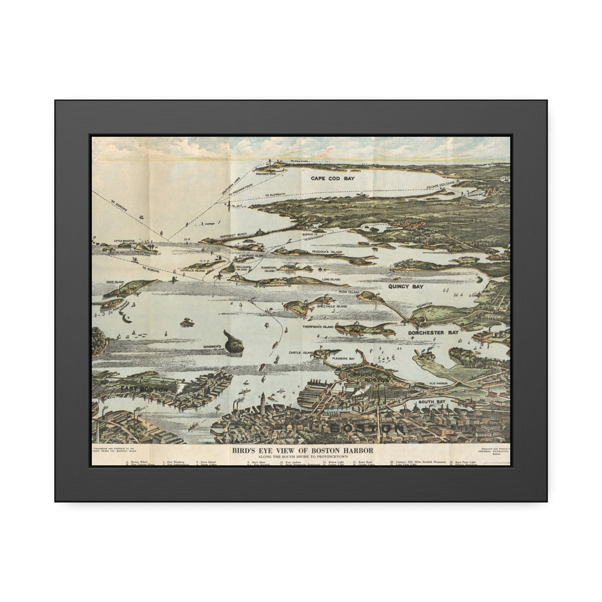 Boston Harbor, Massachusetts 1920 — Framed Bird's-Eye View Map