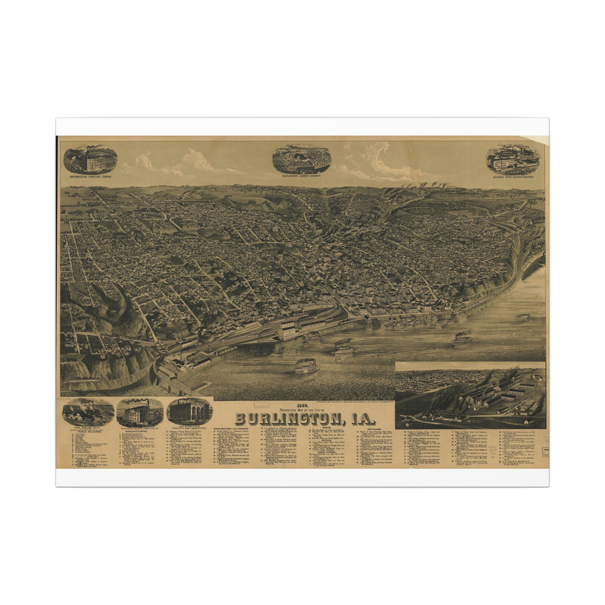 Burlington, Iowa 1889 — Bird's-Eye View Map on Canvas