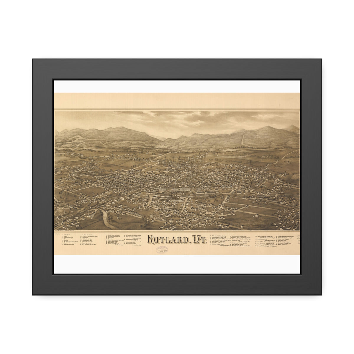 Rutland, Vermont 1885 — Framed Bird's-Eye View Map