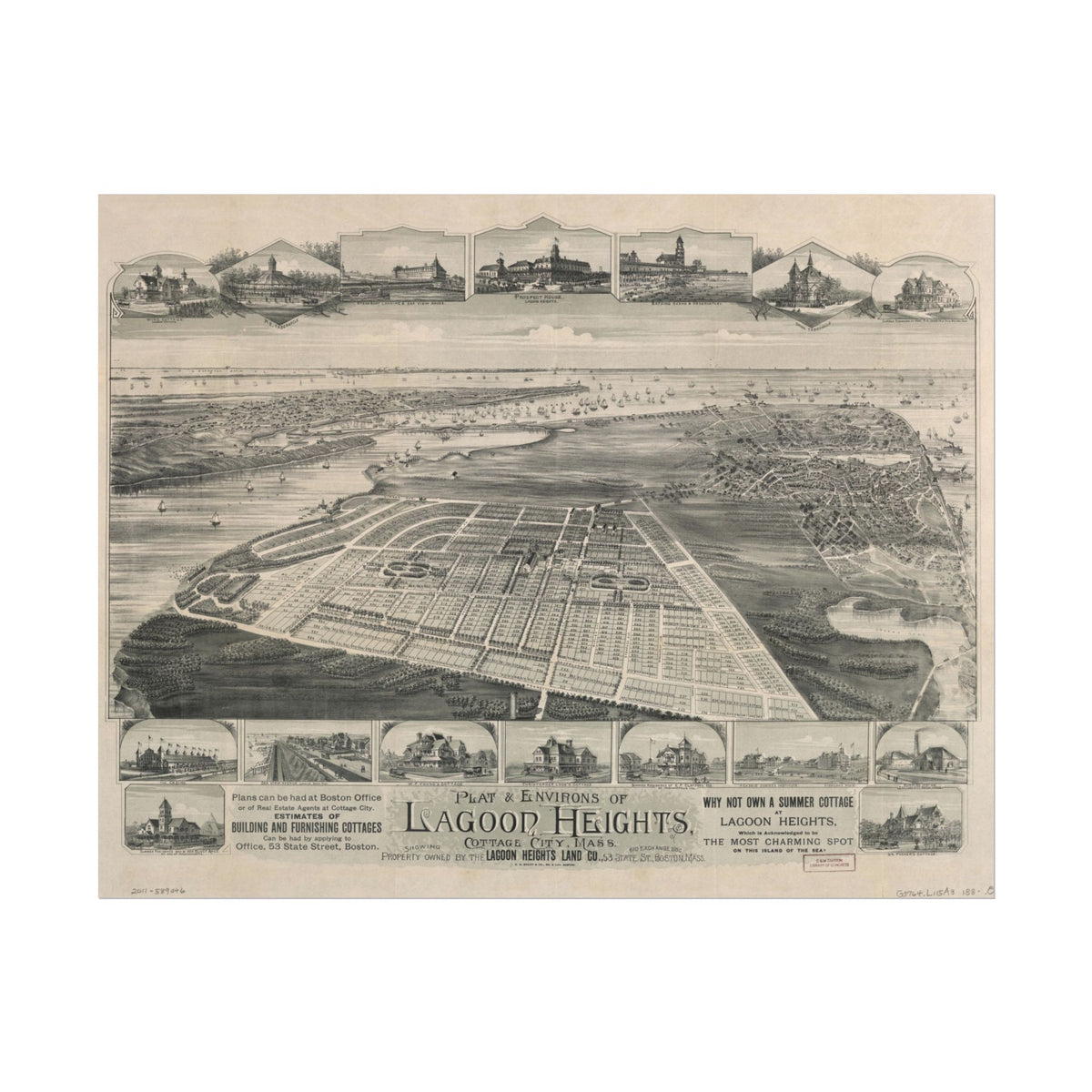 Lagoon Heights, Massachusetts 1880 — Bird's-Eye View Map Print