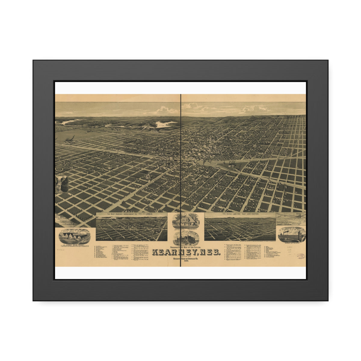 Kearney, Nebraska 1889 — Framed Bird's-Eye View Map