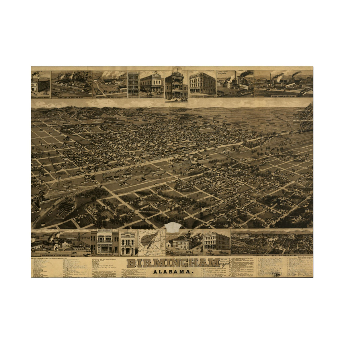 Birmingham, Alabama 1885 — Bird's-Eye View Map Print