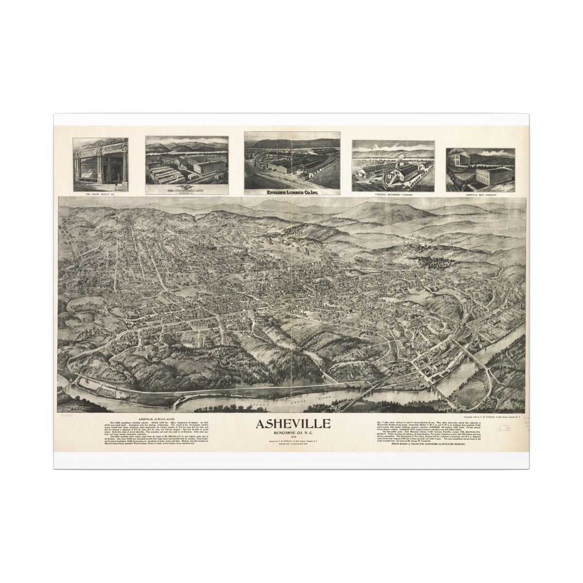 Asheville, North Carolina 1912 — Bird's-Eye View Map on Canvas