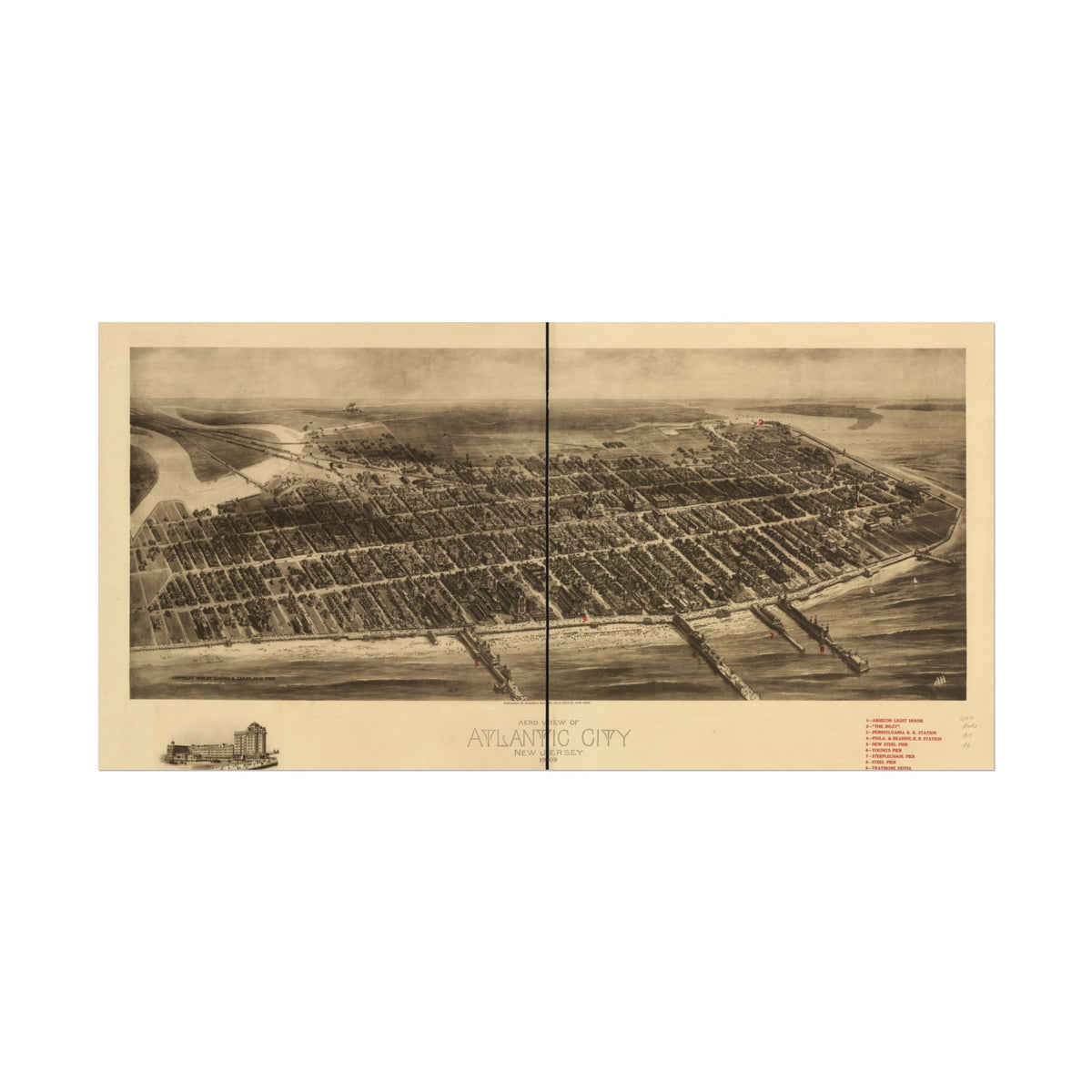 Atlantic City, New Jersey 1909 — Bird's-Eye View Map Print