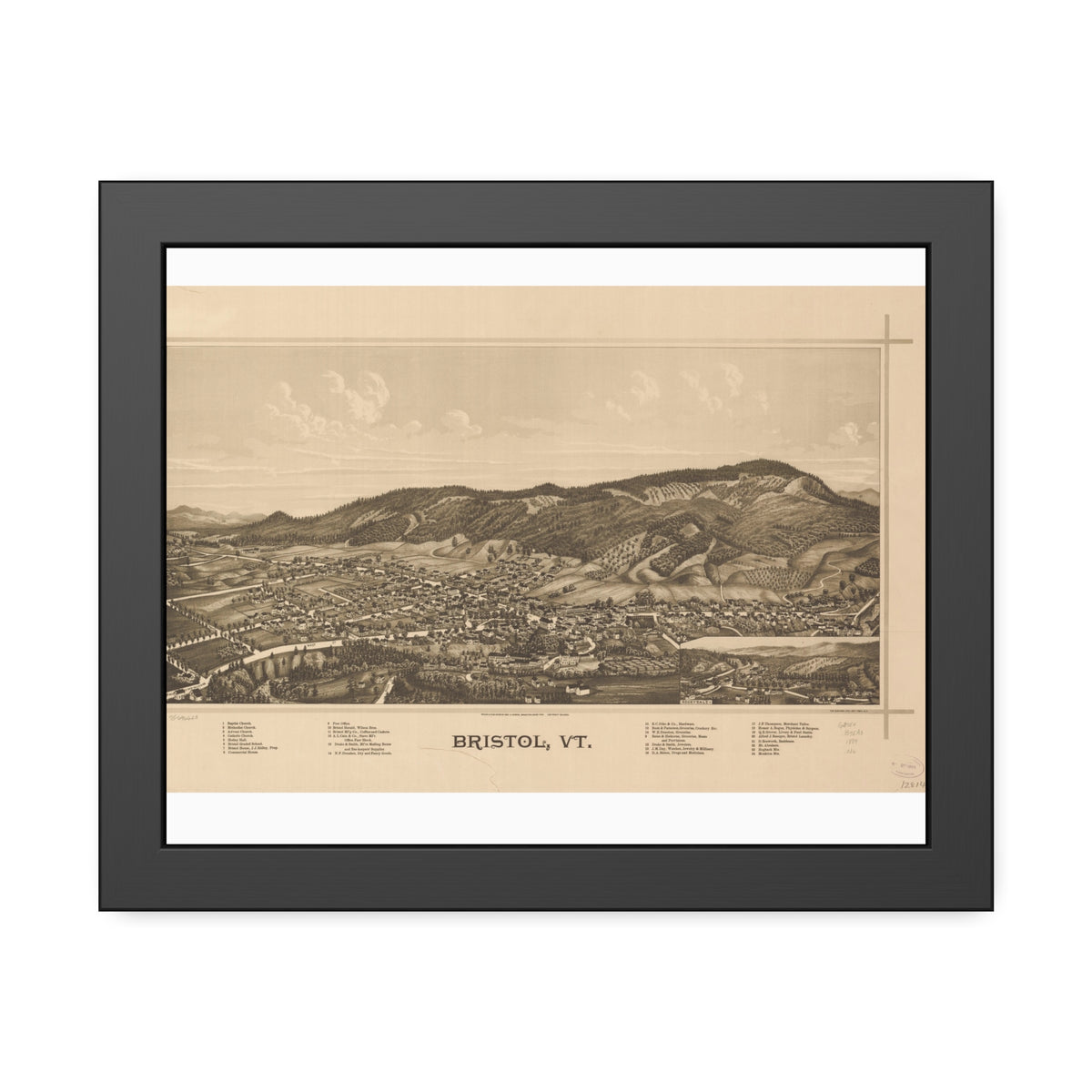 Bristol, Vermont 1889 — Framed Bird's-Eye View Map