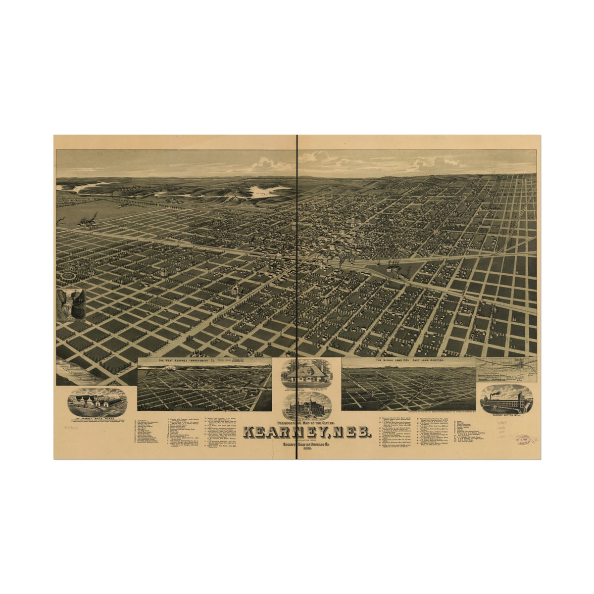 Kearney, Nebraska 1889 — Bird's-Eye View Map Print