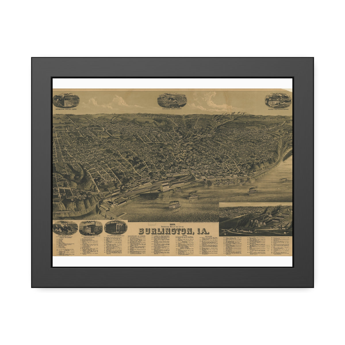 Burlington, Iowa 1889 — Framed Bird's-Eye View Map