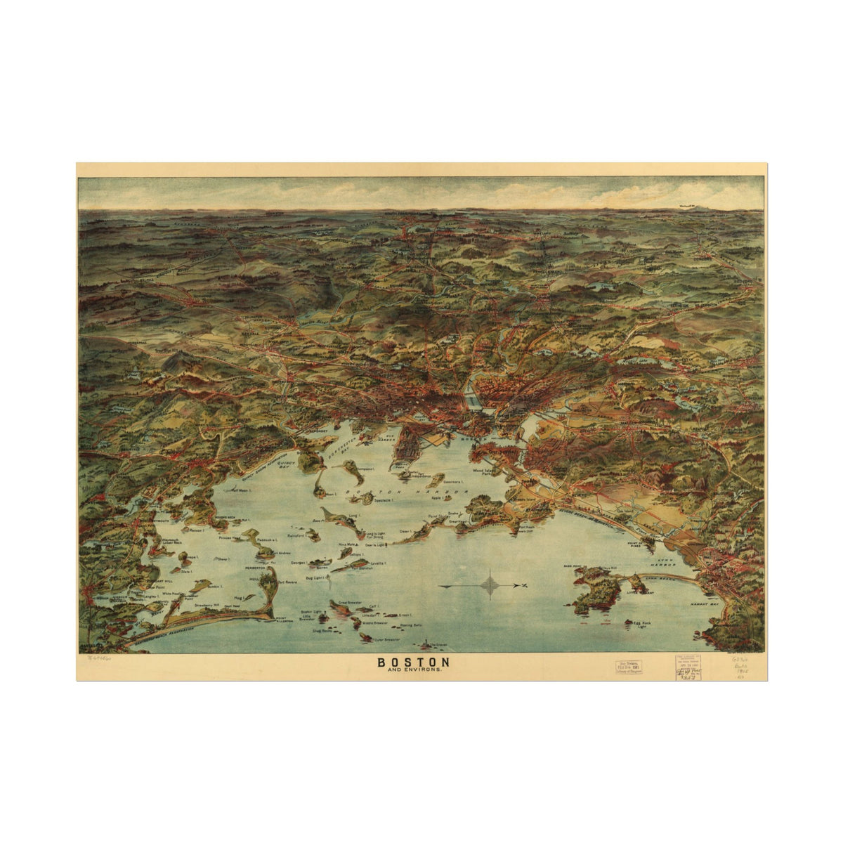 Boston, Massachusetts 1905 — Bird's-Eye View Map Print