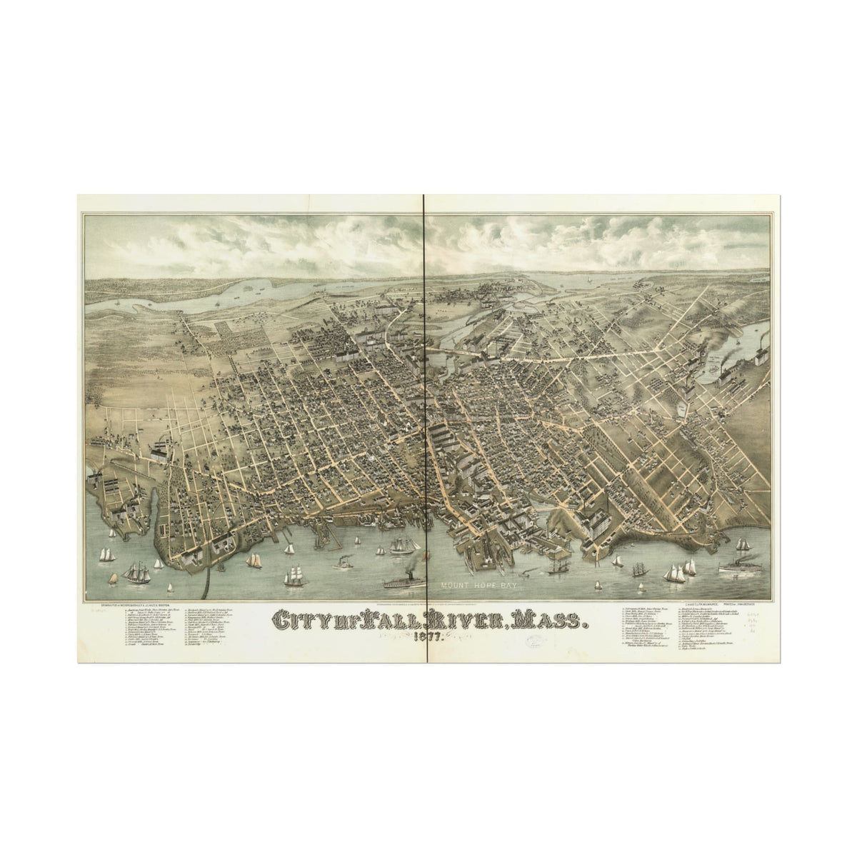Fall River, Massachusetts 1877 — Bird's-Eye View Map Print
