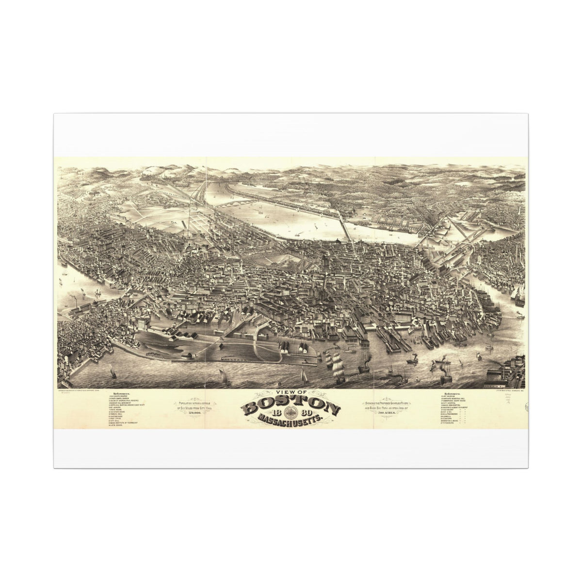 Boston, Massachusetts 1880 — Bird's-Eye View Map on Canvas