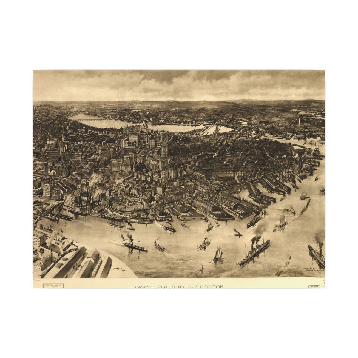 Boston, Massachusetts 1905 — Bird's-Eye View Map on Canvas