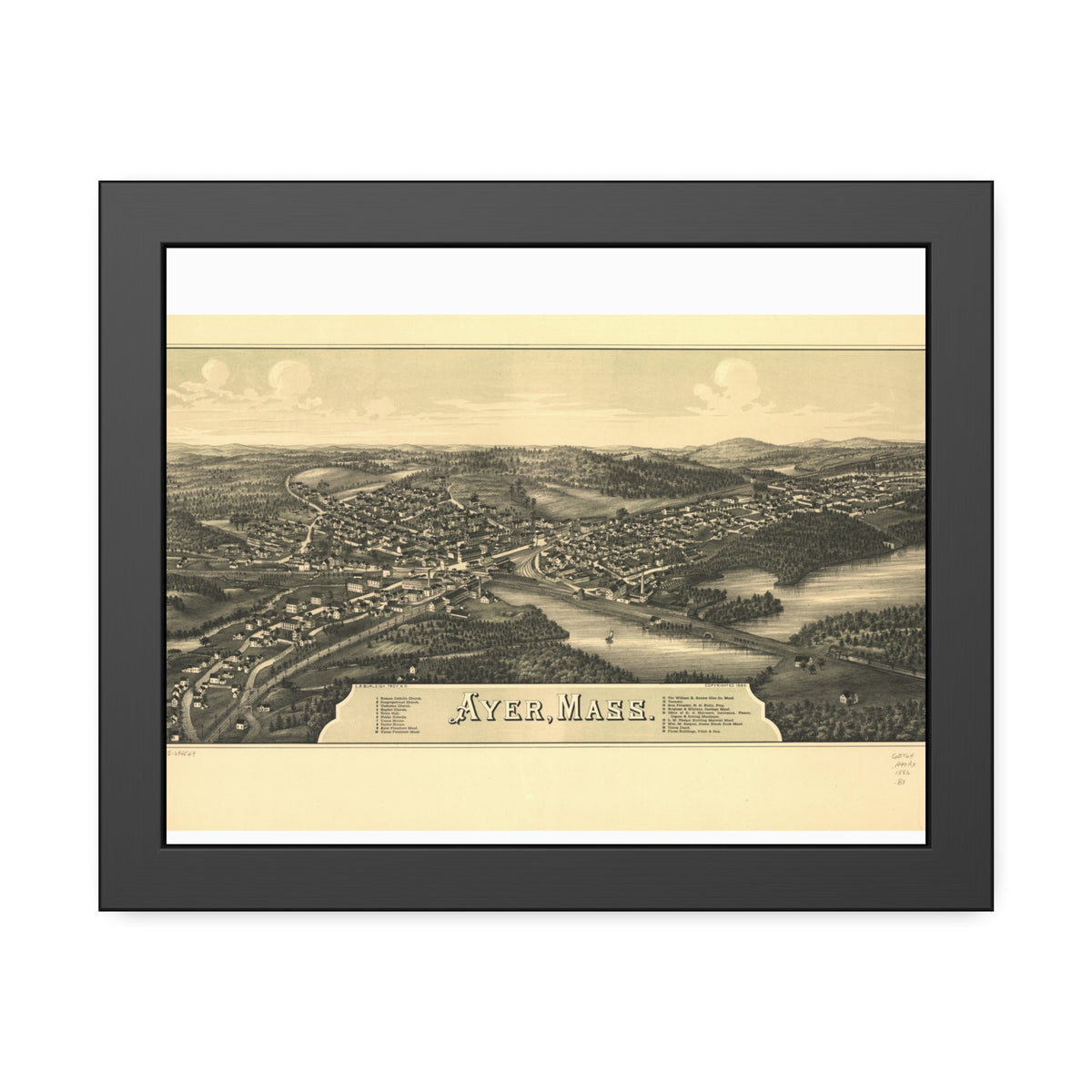 Ayer, Massachusetts 1886 — Framed Bird's-Eye View Map