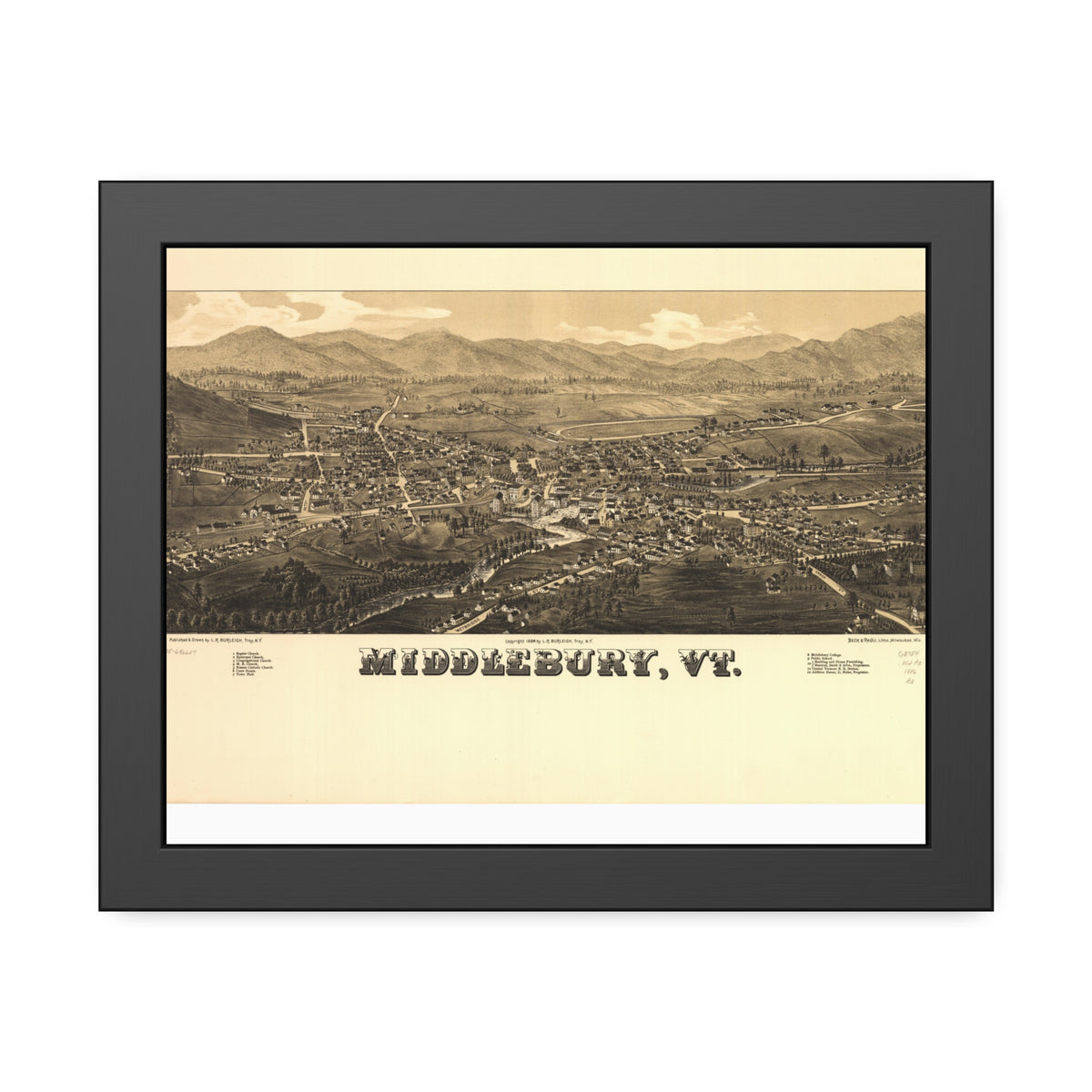 Middlebury, Vermont 1886 — Framed Bird's-Eye View Map
