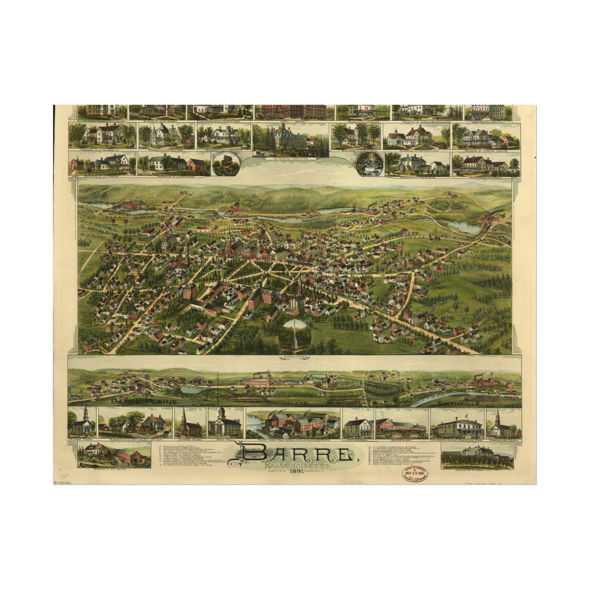 Barre, Massachusetts 1891 — Bird's-Eye View Map Print