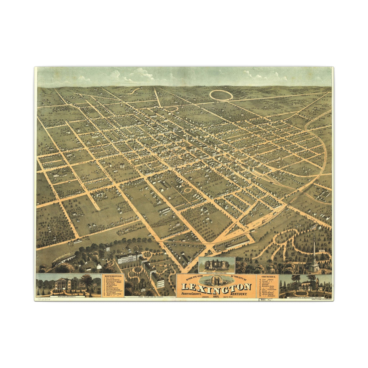 Lexington, Kentucky 1871 — Bird's-Eye View Map on Canvas