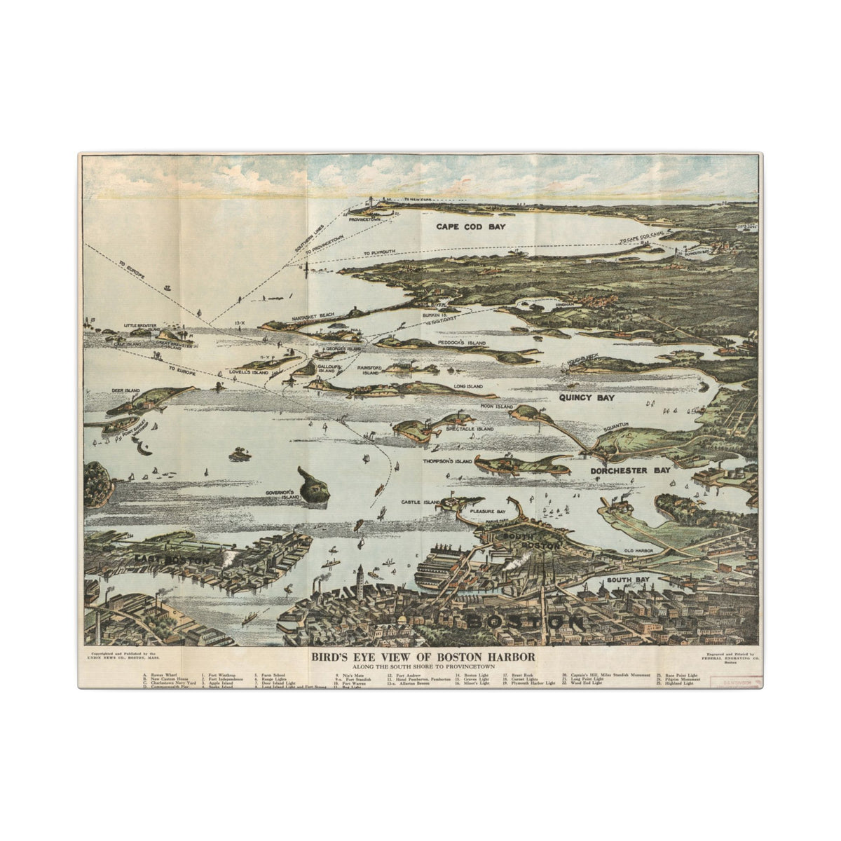Boston Harbor, Massachusetts 1920 — Bird's-Eye View Map on Canvas