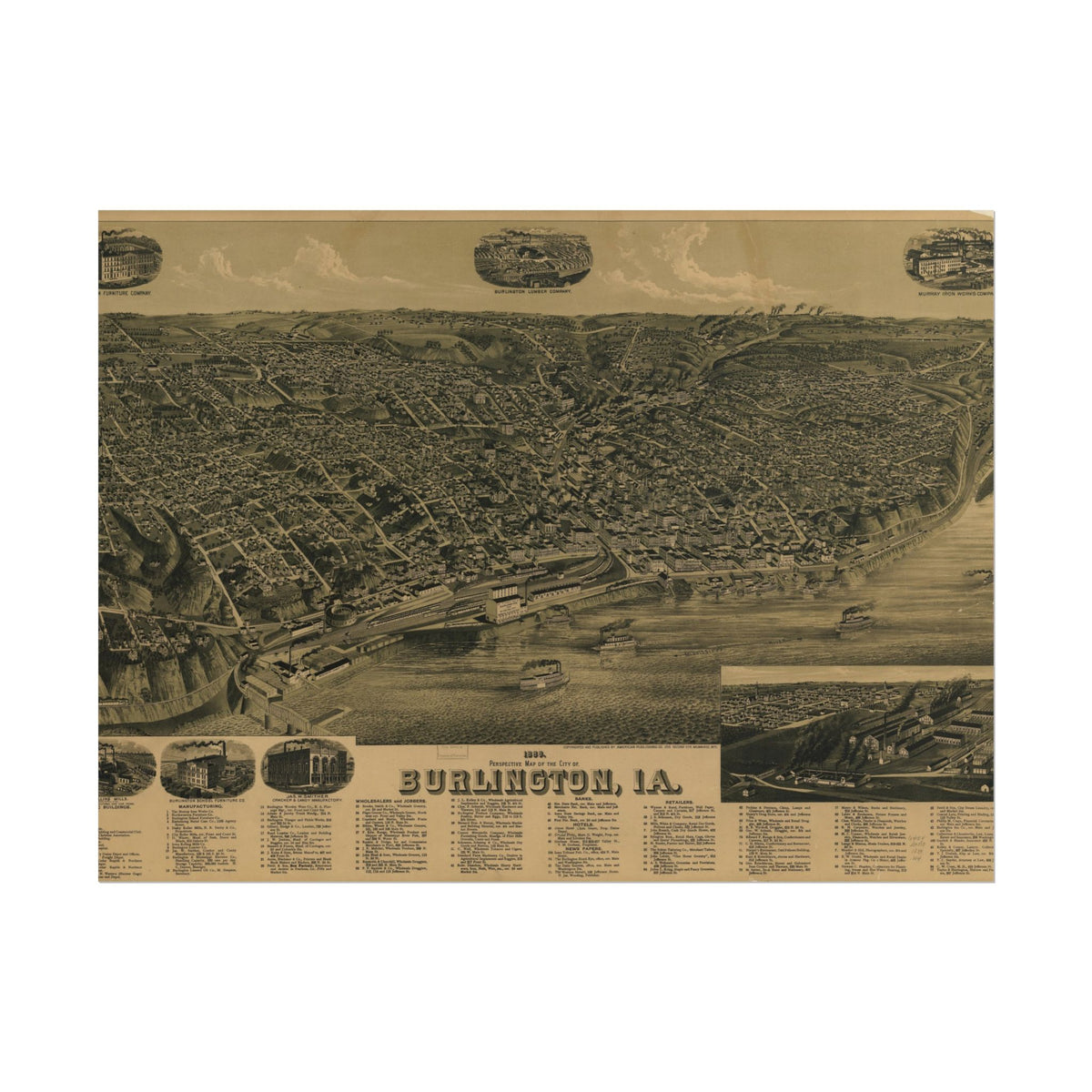 Burlington, Iowa 1889 — Bird's-Eye View Map Print