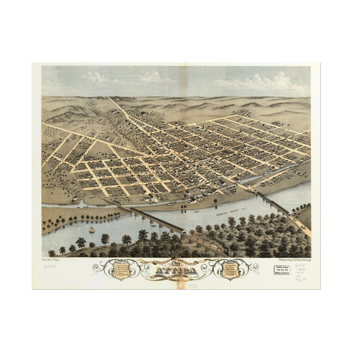 Attica, Indiana 1869 — Bird's-Eye View Map Print