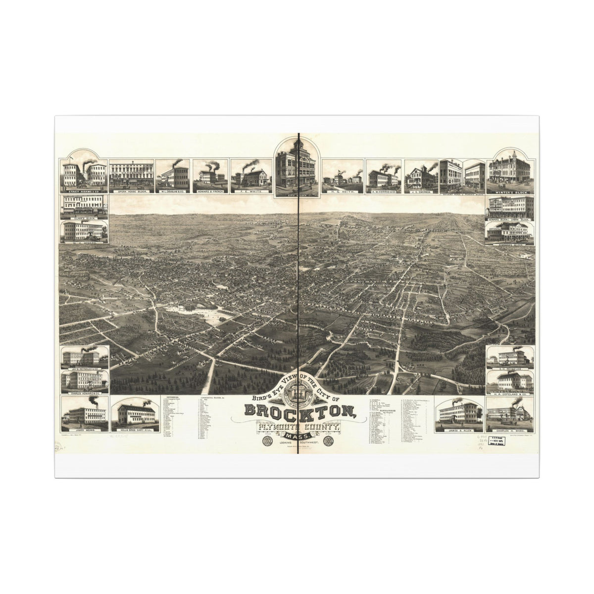 Brockton, Massachusetts 1882 — Bird's-Eye View Map on Canvas