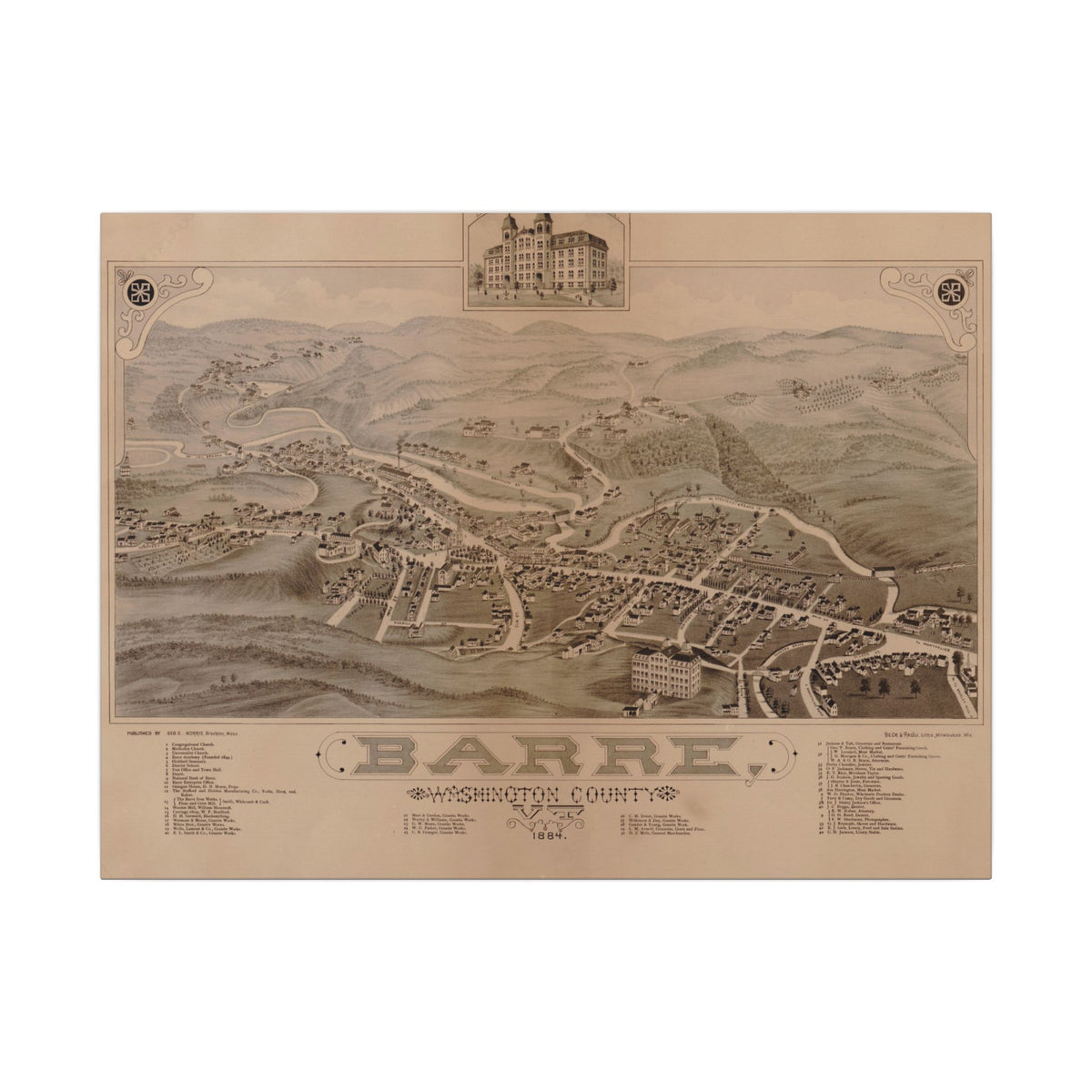 Barre, Vermont 1884 — Bird's-Eye View Map on Canvas