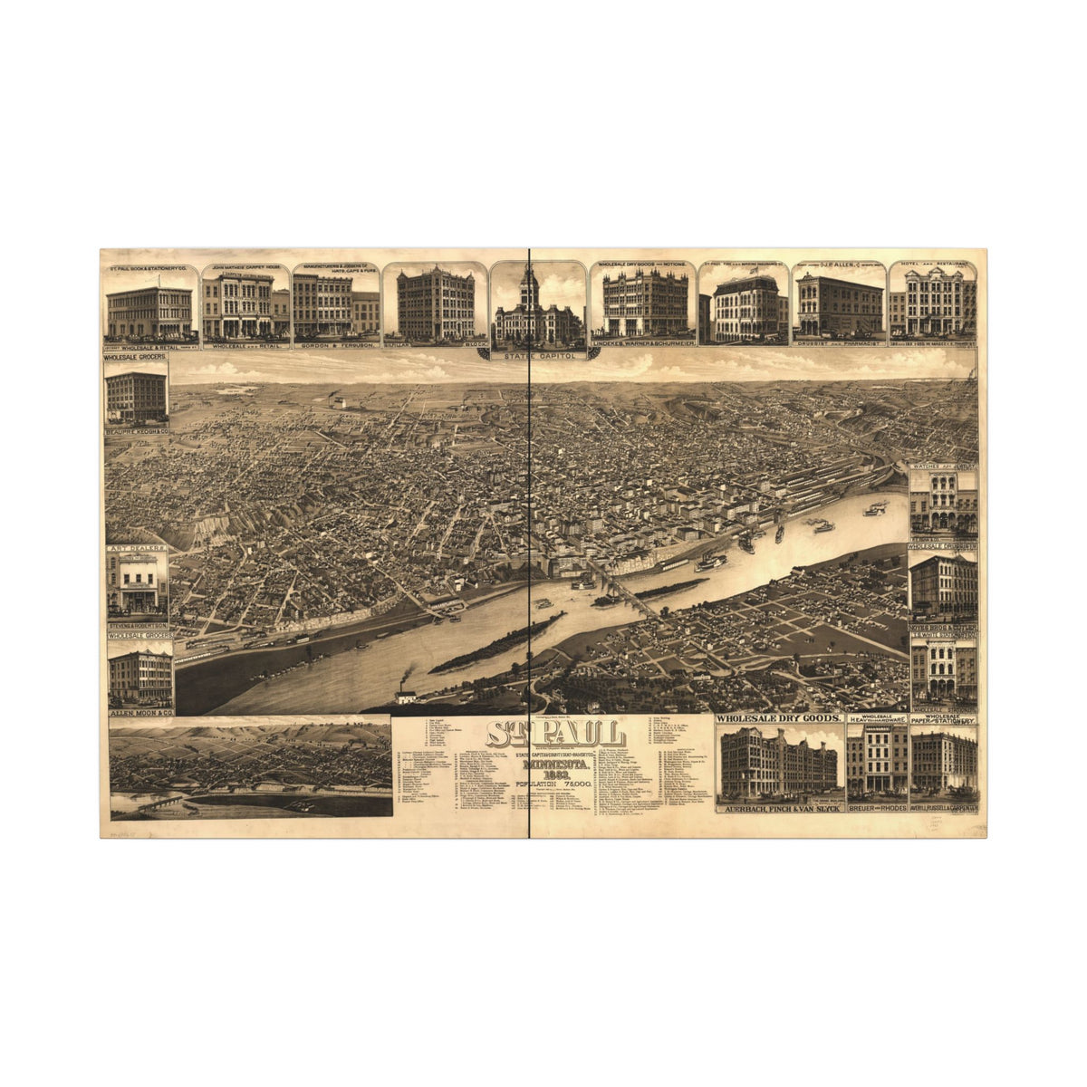 Saint Paul, Minnesota 1883 — Bird's-Eye View Map on Canvas