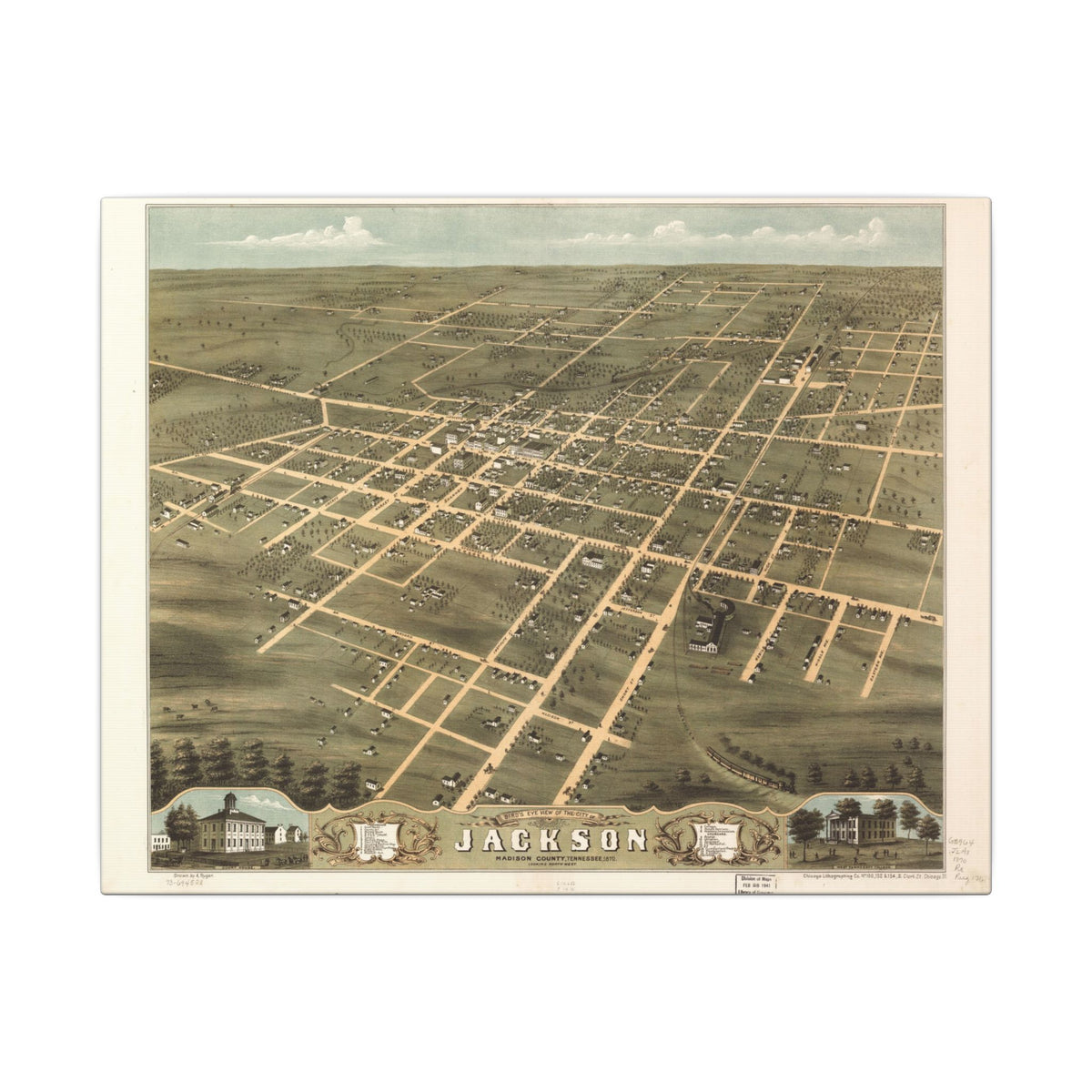 Jackson, Tennessee 1870 — Bird's-Eye View Map on Canvas